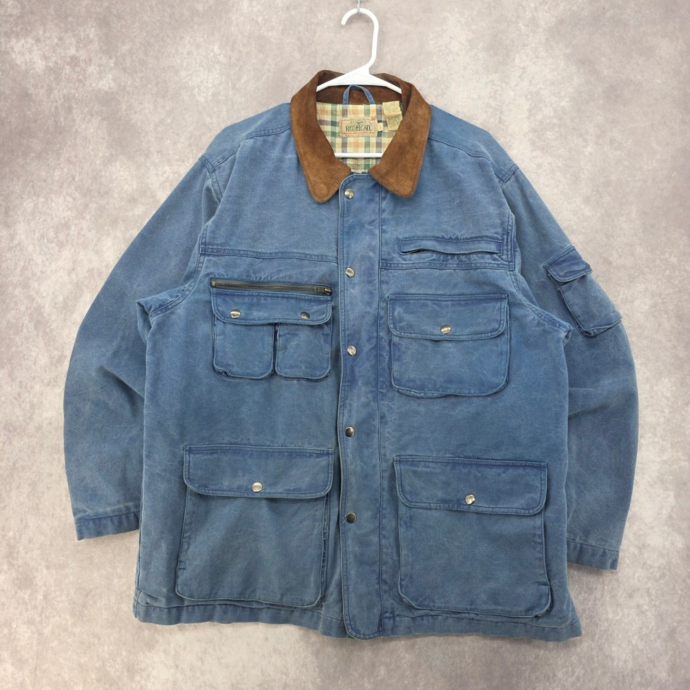 Vintage RedHead Lined Field Jacket Mens Large Blue Canvas Leather Collar Plaid